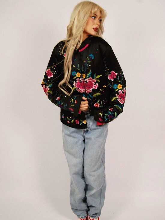 Norm Thompson Jackets & Blazers - 90s Silk Sukajan Jacket (M) medium black vintage womens embroidered chinese art